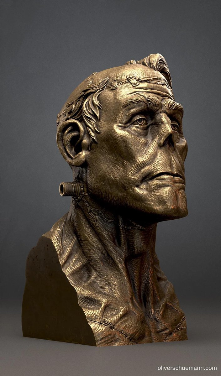 80Level's tweet photo. .@Crazy_Pixel showed us the workflow behind the Frankenstein Monster project that features a bronze statue with a subtle thinking pose sculpted in ZBrush and textured with Substance 3D Painter and shared how to achieve a natural-looking metallic surface.

Read: https://t.co/4I8L5WL81f