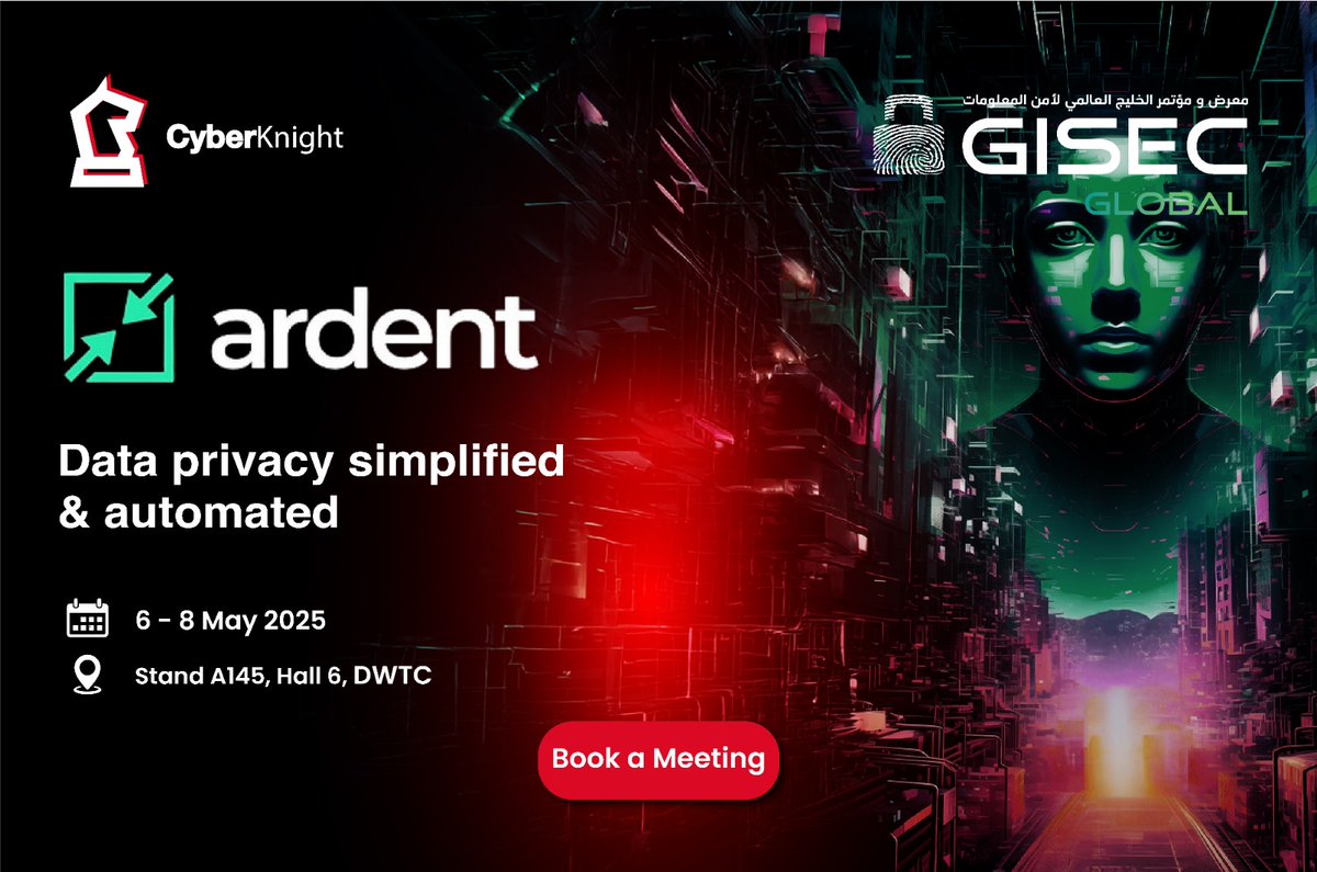 CyberKnight x Ardent Privacy at #GISEC2025!
Discover next-gen automated data privacy solutions that simplify compliance &amp; protect sensitive data.
Stand A145, Hall 6 | May 6–8, #DWTC Dubai
See automation in action, from GDPR to CCPA compliance. Book a 1:1: lnkd.in/dAg94DpX