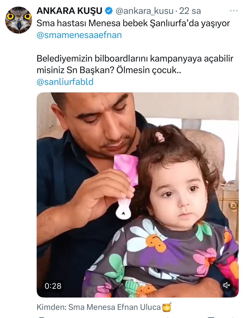 ankara_kusu's tweet photo. Sma hastası bi bebek için dün Şanlıurfa Büyükşehir Belediye Başkanı Kasım Gülpınar’a ricacı olmuştum.

Bugün bebeğin ailesi aranmış ve ‘kent genelindeki bilboardları kampanyada ücretsiz olarak kullanabilirsiniz’ denilmiş.

Sn Başkan’a çok teşekkür 💋🙏 https://t.co/STOSCPhMUp