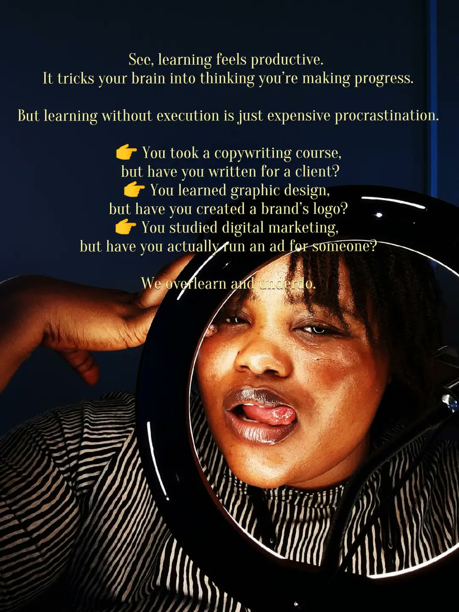 Xstabrownson's tweet image. Learning without execution is just expensive procrastination. You don’t need another course—you need to start doing. 
What’s the last skill you learned but never used? Let’s talk.  #MakeMoneyOnline #EntrepreneurMindset #ExecutionOverExcuses