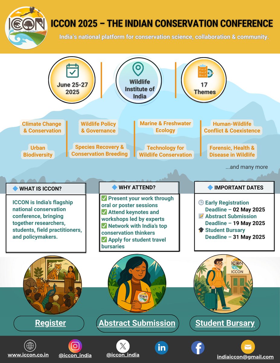 ICCON 2025 (@iccon_india) on Twitter photo 🌿 Plan your journey to India’s leading conservation conference!
📣 Registrations, Abstract Submissions & Student Bursary applications are OPEN for #ICCON2025.
📍 25–27 June | <a href="/wii_india/">Wildlife Institute of India</a>, Dehradun
<a href="/moefcc/">MoEF&CC</a> <a href="/SACONCoimbatore/">SACON_Sálim Ali Centre</a> <a href="/ntca_india/">National Tiger Conservation Authority</a> <a href="/vrtiwari1/">Virendra Tiwari</a> <a href="/WWFINDIA/">WWF-India</a> <a href="/IBCA_official/">International Big Cat Alliance (IBCA)</a> 🌿 Plan your journey to India’s leading conservation conference!
📣 Registrations, Abstract Submissions & Student Bursary applications are OPEN for #ICCON2025.
📍 25–27 June | <a href="/wii_india/">Wildlife Institute of India</a>, Dehradun
<a href="/moefcc/">MoEF&CC</a> <a href="/SACONCoimbatore/">SACON_Sálim Ali Centre</a> <a href="/ntca_india/">National Tiger Conservation Authority</a> <a href="/vrtiwari1/">Virendra Tiwari</a> <a href="/WWFINDIA/">WWF-India</a> <a href="/IBCA_official/">International Big Cat Alliance (IBCA)</a>