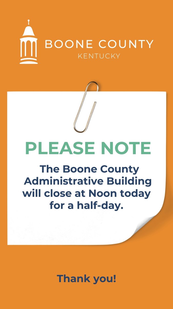 Please note that the Boone County Administrative Building will close at noon today for a half-day. 

Thank you for your understanding!