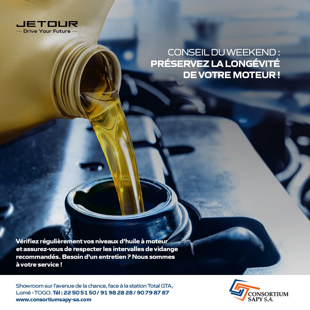 Sapy_sa's tweet photo. 🔧 Conseil du Weekend : Vérifiez régulièrement vos niveaux d’huile à moteur et assurez-vous de respecter les intervalles de vidange recommandés.🚗
🌐https://t.co/613vkK2e2m
📌
https://t.co/5folxEkzqw
#SAPY #SUV #JETOUR #ConseilAuto #Entretien #bonweekend https://t.co/M0FnUuqqW6