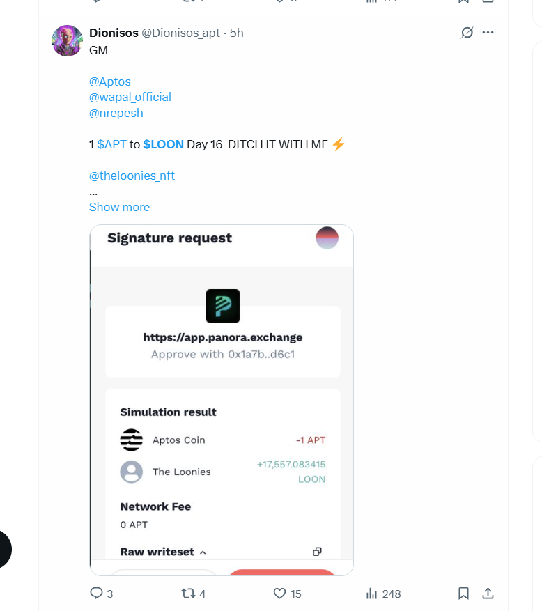 #Aptos  
aptos生态 我目前持有者为数不多的MEME 代币
$LOON     

从最高点3M 到现在30W市值

为数不多的仍然在做事的项目方

并且社区共识不错,不少社区成员，每天都会去购买 $LOON 代币
目标1亿市值，希望他们能成功!  

我钱包仍然有几十万的 $LOON 代币，我会一直持有他们。