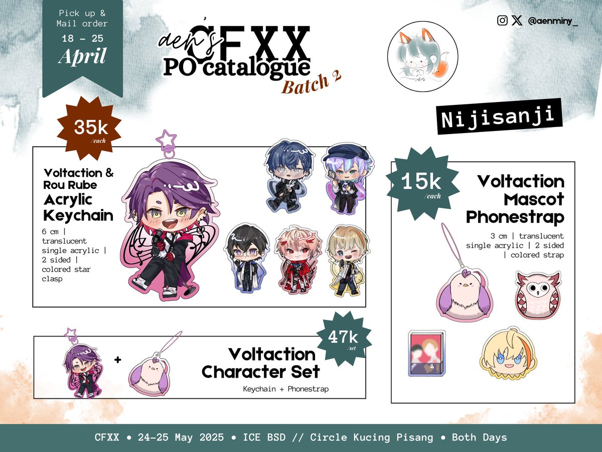 🔄&amp;💖're appreciated 

Haloo! Aen's #CFXX Pre-Order Batch 2 is open ✨

🗓 18-25 April 2025
📍 Kucing Pisang (Both Days)
🧸Nijisanji, Holostars EN, Noragami, Hunter X Hunter, Trigun Stampede, Original (cat)
🔗PO Form: aenminy-po.carrd.co

#CFXXcatalogue #cf20catalogue #cf20