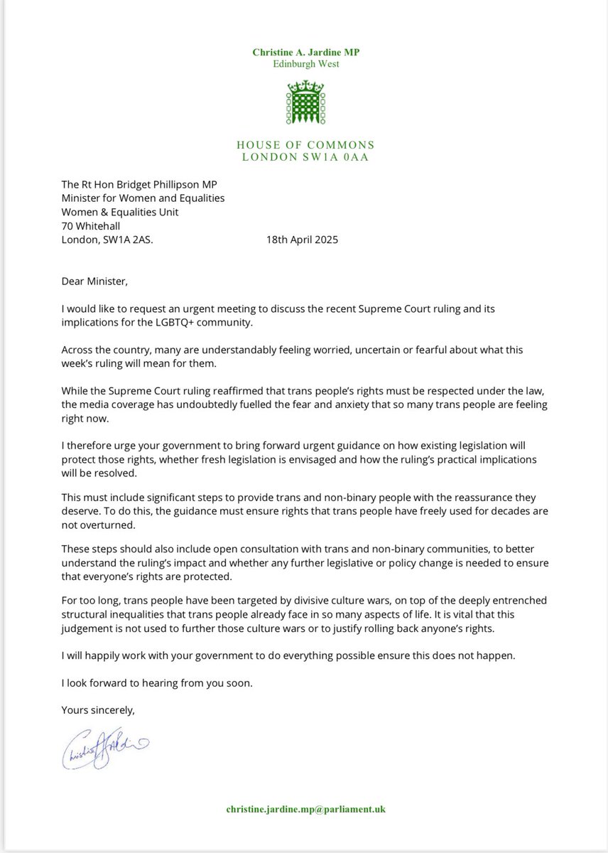 cajardineMP's tweet image. I am increasingly disappointed that the concerns of the #LGBTQ+ community over what the Supreme Court judgement means for them are not yet being addressed. I have written to the Government asking them to make clear how trans and non binary rights will be protected.