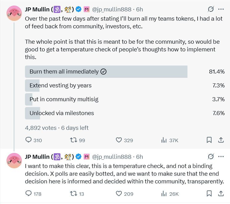 People voted to burn tokens immediately, what response we can get from $OM CEO  ... this is a temperature check, and not a binding decision. X polls are easily botted ... 😂There is a saying <a href="/jp_mullin888/">JP Mullin (🕉, 🏘️)</a>  "fool me once, shame on you; fool me twice, shame on me" <a href="/MANTRA_Chain/">MANTRA | The EVM L1 for RWAs</a>