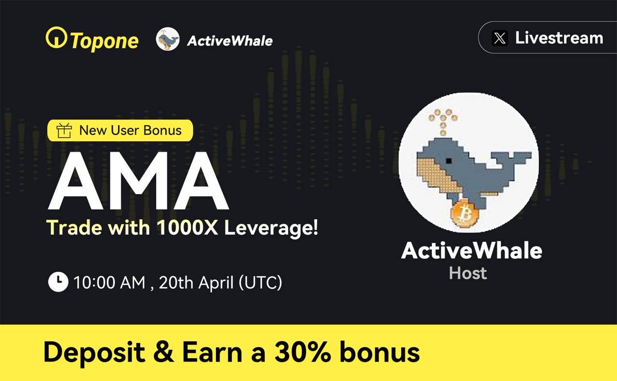 Topone_Exchange's tweet photo. 🔥 Topone x ActiveWhale AMA Announcement
🎙 Host: ActiveWhale
📅 Date: April 20th
⏰ Time: 10:00 AM - 11:00 AM (UTC+0)
📍 Platforms:
🐦 X (Twitter): @Topone_Exchange & @ResBnb
💬 Telegram: https://t.co/seTJLgJQ1e
#Topone #ActiveWhale #1000XLeverage #ToponeAMA https://t.co/3tEaVE9yVM