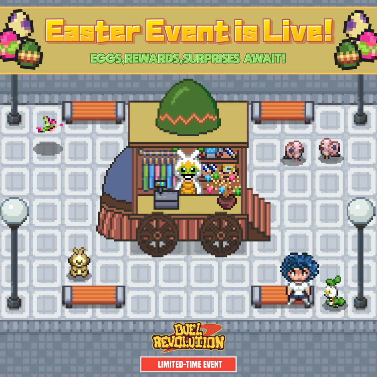 DuelRevolution's tweet photo. 🐣 The Easter Event is Live in Duel Revolution!

Collect eggs, unlock special rewards, and discover surprise encounters!
Don't miss your chance — this event is limited-time only! 🎁✨

#DuelRevolution #EasterEvent #EggHunt #PixelAdventure #LimitedTimeEvent #CreatureCollector https://t.co/TvExMz9xE3