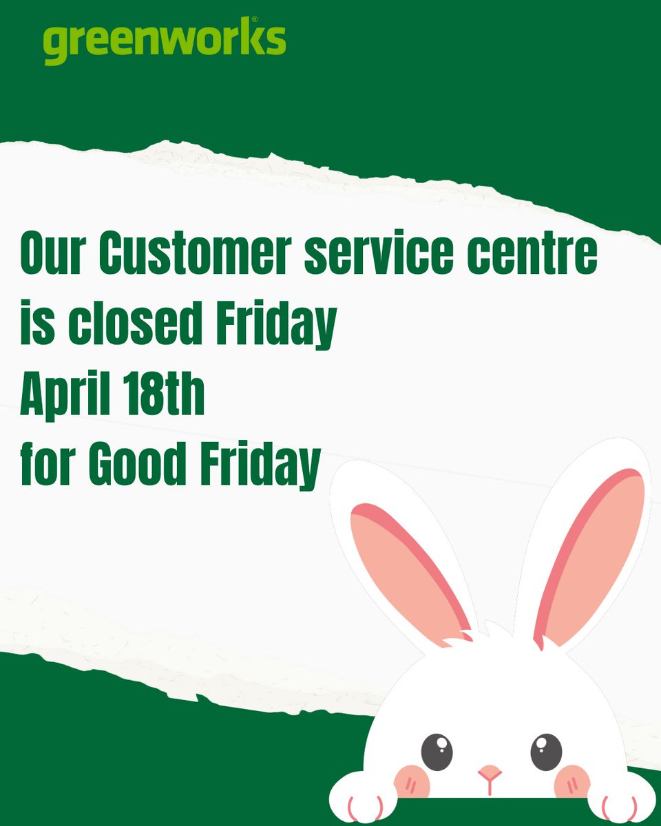 gwtoolscanada's tweet photo. 🚨 Please note: Our Customer Service Centre will be closed on Good Friday, April 18.
We’ll be back to assist you on Monday. Wishing you a peaceful long weekend!
ㅤ
#greenworks #goodfriday https://t.co/ffjAyfz2FP