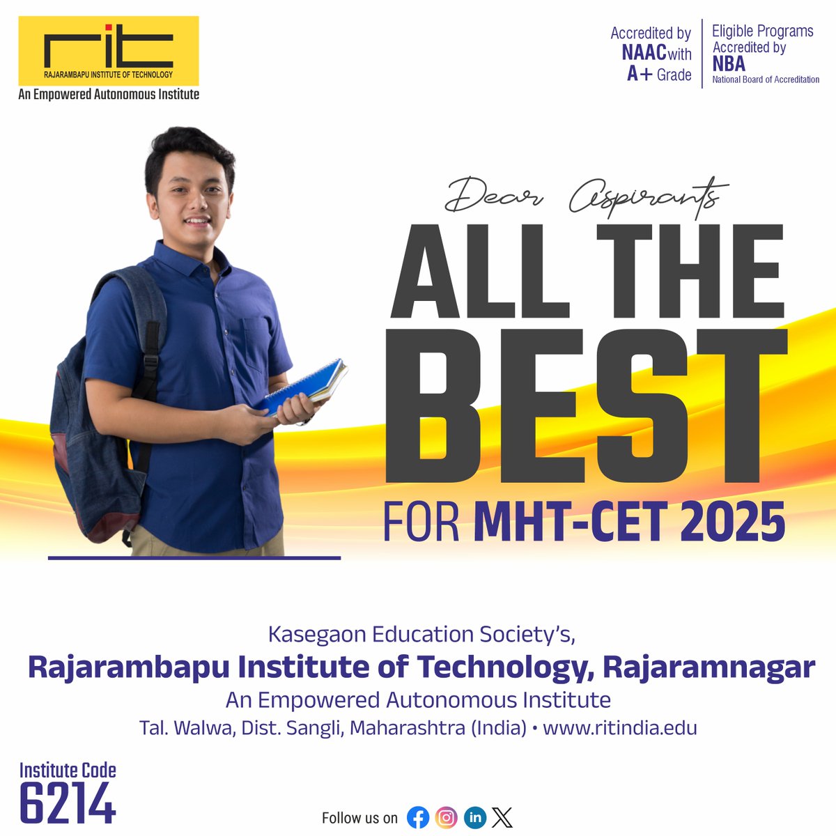 ritindia1983's tweet image. 🎉 All the best to all engineering aspirants appearing for MHT CET 2025! 🚀
May your hard work and dedication lead you to success. 💪✍️
#MHTCET2025 #EngineeringAspirants #ExamSeason #FutureEngineers #AllTheBest
