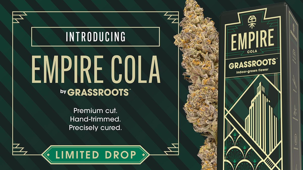 curaleafmd's tweet photo. Meet Empire Cola by Grassroots: Premium cut, hand-trimmed, and precisely cured in Maryland 🦀   This is flower experienced as nature intended. At the very top of our indoor-grown plants, the cola receives the most light, resulting in bunches of big, beautiful buds with full trichome coverage and bountiful terpenes bursting with aroma, flavor, and enhanced efficacy.
