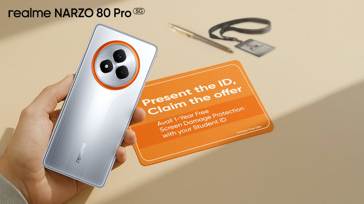 Student life just got a major perk!
Get 1 Year of FREE screen damage protection on the #realmeNARZO80Pro5G — exclusively for students who are #ReadyToWin
Hurry, it's a limited-time offer — grab yours before it’s gone

Starting at ₹17,999*

Buy Now: 
realme.com: