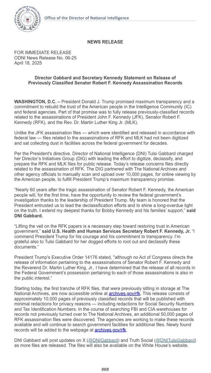 DNIGabbard's tweet image. Nearly 60 years after the tragic assassination of Senator Robert F. Kennedy, the American people will, for the first time, have the opportunity to review the federal government’s investigation thanks to @POTUS leadership and commitment to maximum transparency.…