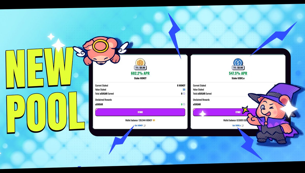 Jikofunfinance's tweet image. NEW POOL ALERT 🚨

Introducing single-sided staking for HONEY and USDC.e with insane APRs 💥

• USDC.e: 547.5% APR
• HONEY: 602.25% APR

app.beraji.com

Stake now and watch your aSUGAR grow 📈💰