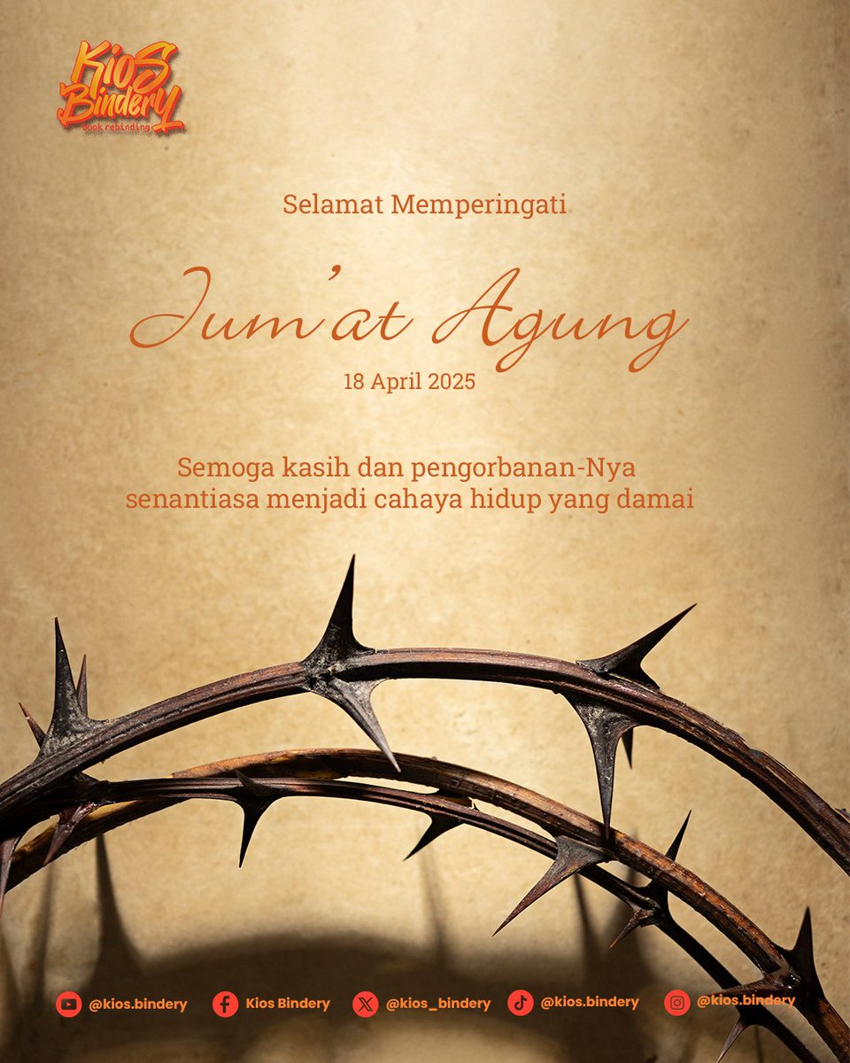 kios_bindery's tweet photo. ⛪️ Memperingati Jumat Agung ⛪️
Semoga kasih dan pengorbanan-Nya senantiasa menjadi cahaya hidup yang damai. ✨️
#rebindingbuku #bookrebinding #kiosbindery #bookbindery #bookbinder #JumatAgung #GoodFriday https://t.co/2E2G9pVSGb