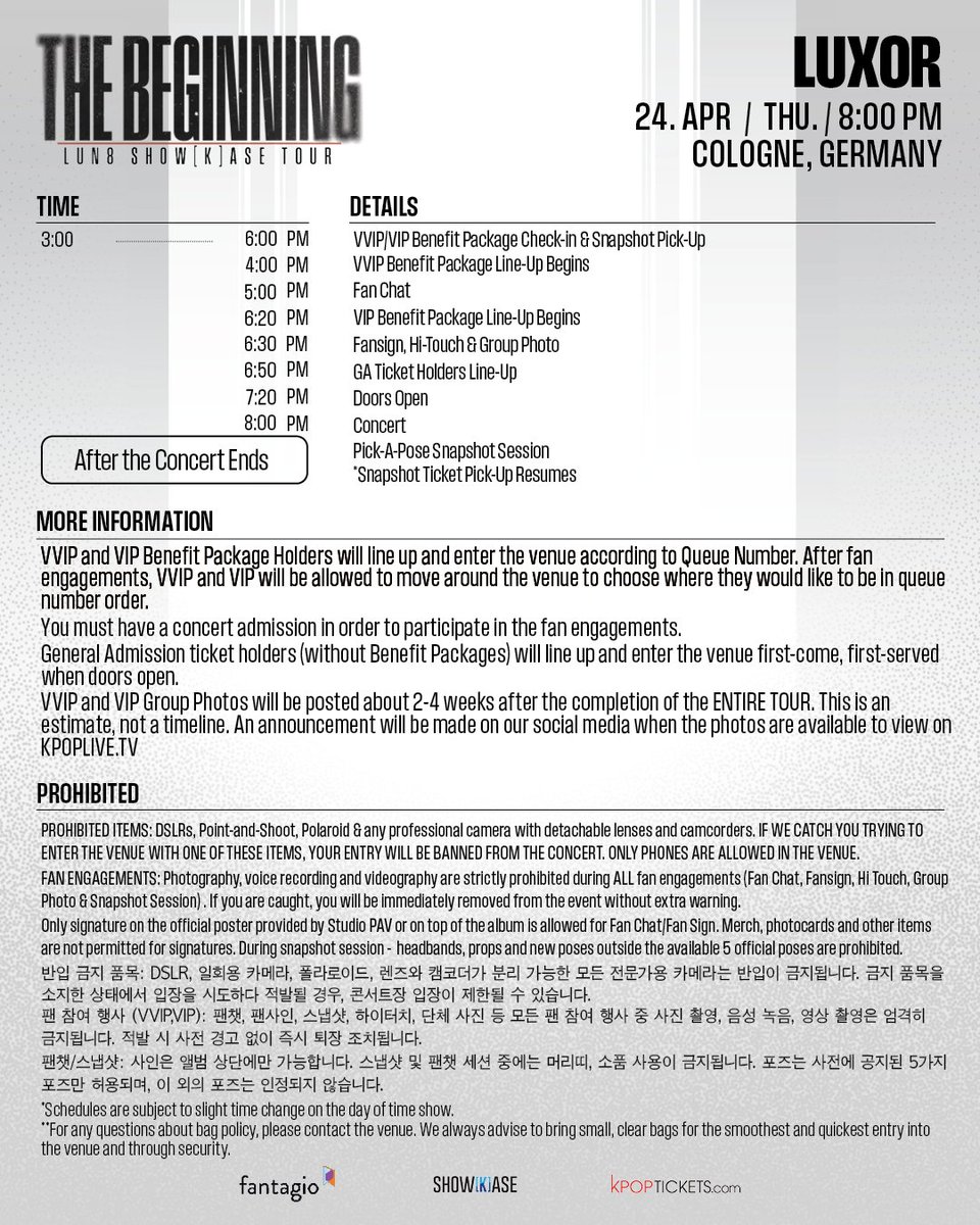 #LUV8 💙 It’s time to lock in your concert day schedules for ‘THE BEGINNING: LUN8 Show[K]ase Tour! 🗓️ 

If you've purchased a Benefit Package or Snapshot Ticket, be sure to check in during the times listed above to receive your items!