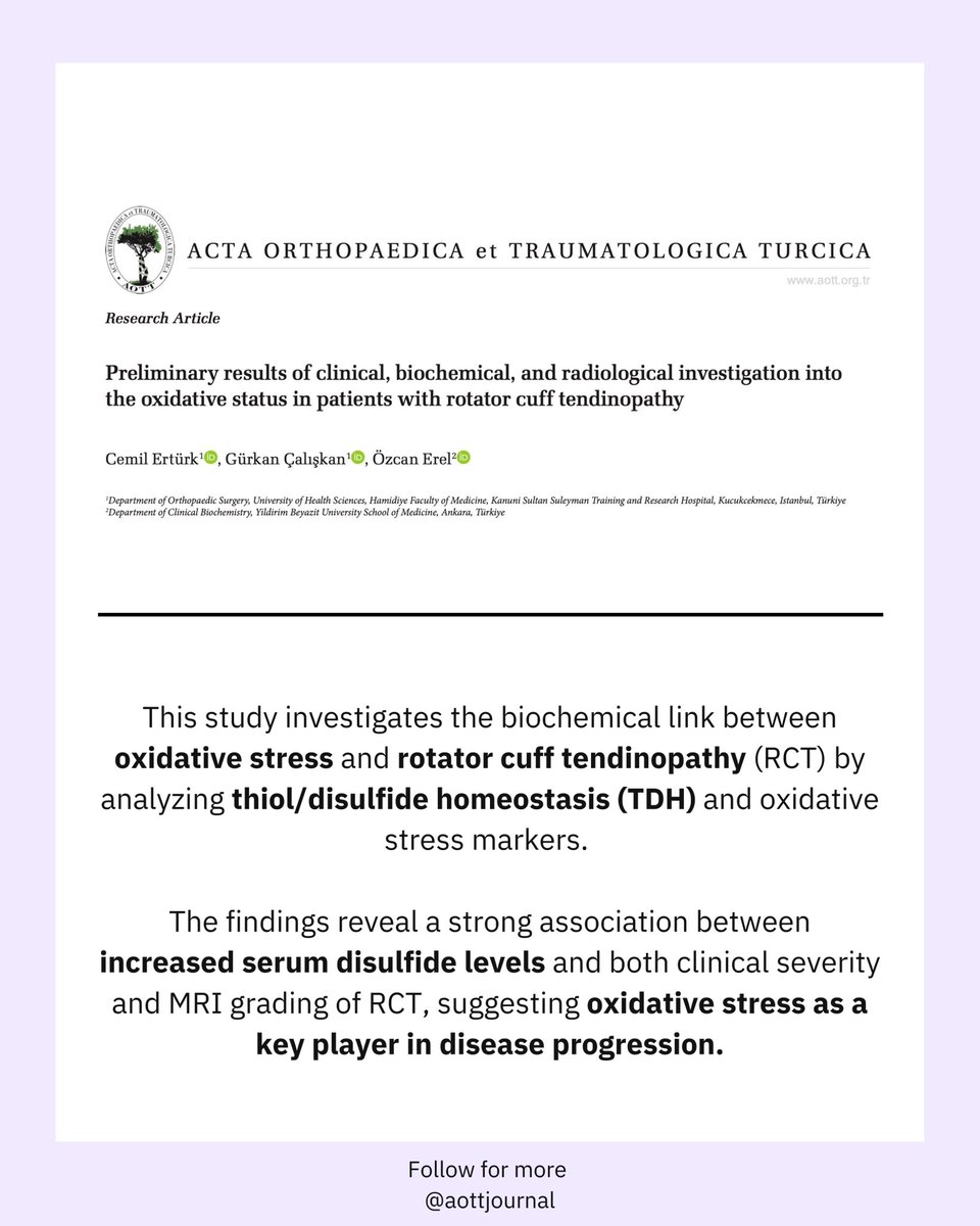 New research connects oxidative stress to the progression of rotator cuff tendinopathy. Elevated serum disulfide levels were strongly associated with disease severity, both clinically and radiologically. Could antioxidants become part of future RCT treatment?
#Orthopedics