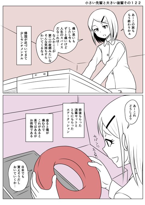 小さい先輩と大きい後輩その122
空気がパンパンのエアークッション
旅行カバンに入らないので
ここにおいていくことに 