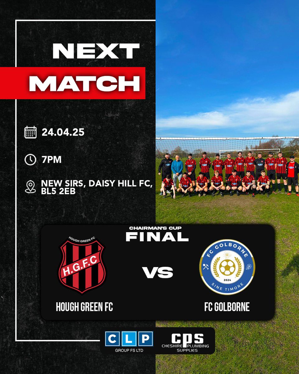 Huge game next week as we take on FC Golborne in the final of the Chairman’s Cup! Let’s bring a trophy home. We have space available on a coach. DM us if you’re interested!🛣️🏆