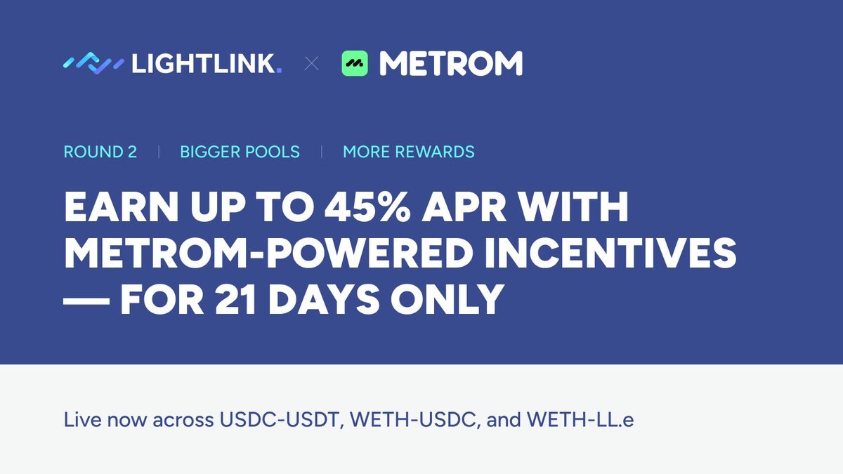 LightLinkChain's tweet photo. 1/3 Round 2 is LIVE! 🚨

LightLink’s liquidity incentive program continues on @Uniswap—now with more pools and KPI-based rewards via @metromxyz &amp; @okutrade

APR scales with TVL, so the more liquidity you provide, the more you earn
Let’s break it down 👇 https://t.co/x0gO1IiVHp