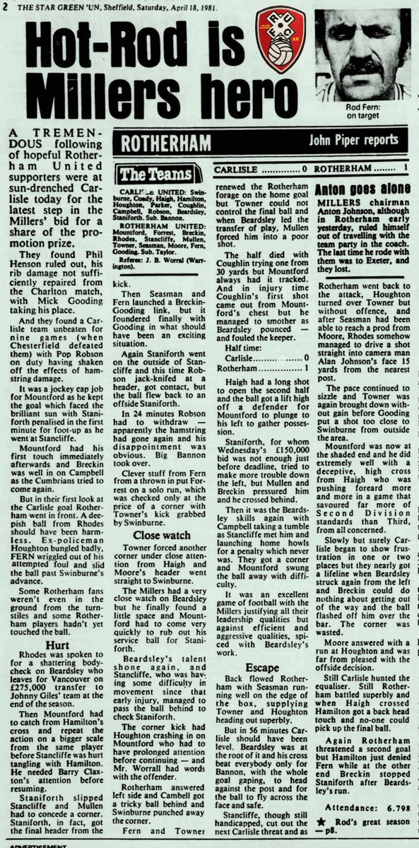 OTD 1981 Carlisle 0 Rotherham Utd 1 #rufc <a href="/RotherhamUnited/">Rotherham United</a> Rod Fern with the goal to seal promotion to Division 2 (Championship) <a href="/ronniemoore53/">ronnie moore</a> <a href="/JohnBreckin/">John Breckin</a> 18.4.81 🏆