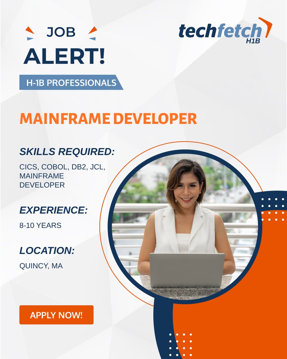TechfetchH1B's tweet image. New Job Alert!
Amazing Opportunity for #MainframeDeveloper with 8-10 years of experience in Quincy, MA. If you have expertise in PL/1, COBOL, DB2, JCL, and CICS, this could be your next career move. #ApplyNow
bit.ly/3RQHHO5

#H1BJobs #QuincyMA #TechJobs #TechFetch