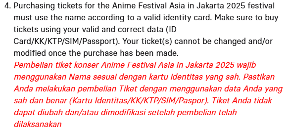 imsoondae's tweet photo. @animefestasia Confusing me. The website lets me buy multiple tickets with one ID, but the terms say each ticket must match a valid ID and can't be changed after purchase. Still waiting for a reply to clarify this https://t.co/FObKaV1vhV