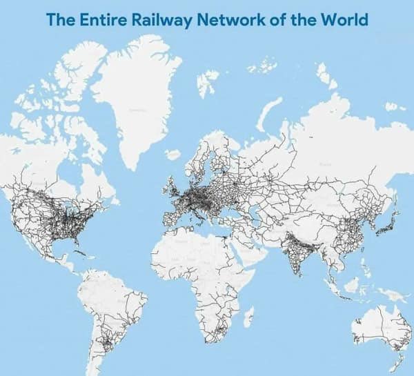 IndiaTales7's tweet photo. Thread of Cool Maps That Will Make You Amazed 🧵

1. The Entire Railway Network of the World 🚞 https://t.co/PcjYh1gODk