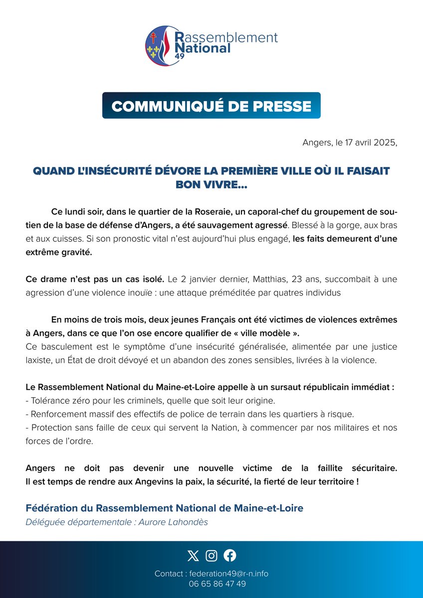 Lundi soir, un militaire angevin était sauvagement agressé à la Roseraie à #Angers 
Le RN49 refuse que la ville devienne une nouvelle victime de la faille sécuritaire et du laxisme judiciaire ! 

Il est temps d’agir. 🇫🇷