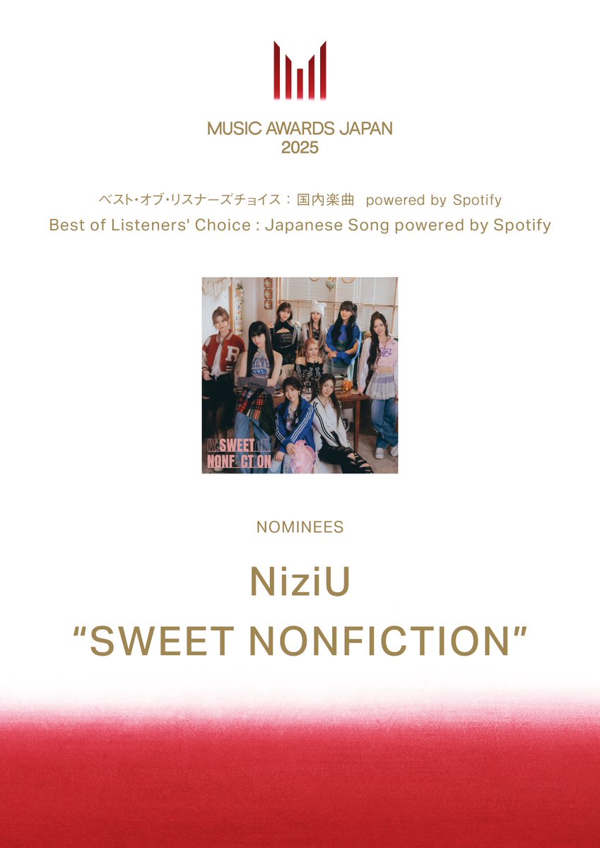 NiziU__official's tweet photo. 日本最大規模の国際音楽賞
#MUSICAWARDSJAPAN で
NiziUがノミネートされました🌟

🏵️最優秀アイドル賞
🏵️ベスト・オブ・リスナーズチョイス：国内楽曲 powered by Spotify
🏵️リクエスト特別賞 推し活リクエスト・アーティスト・オブ・ザ・イヤー powered by USEN

たくさんの応援本当にありがとうございます!!

本日より最終投票がスタート！🗳️
ぜひ「#SWEET_NONFICTION」を
#SpotifyでMAJ投票 してください❤️‍🔥

✅ https://t.co/jJvL3EKyxj

@MAJ_CEIPA 
#NiziU #MAJ2025