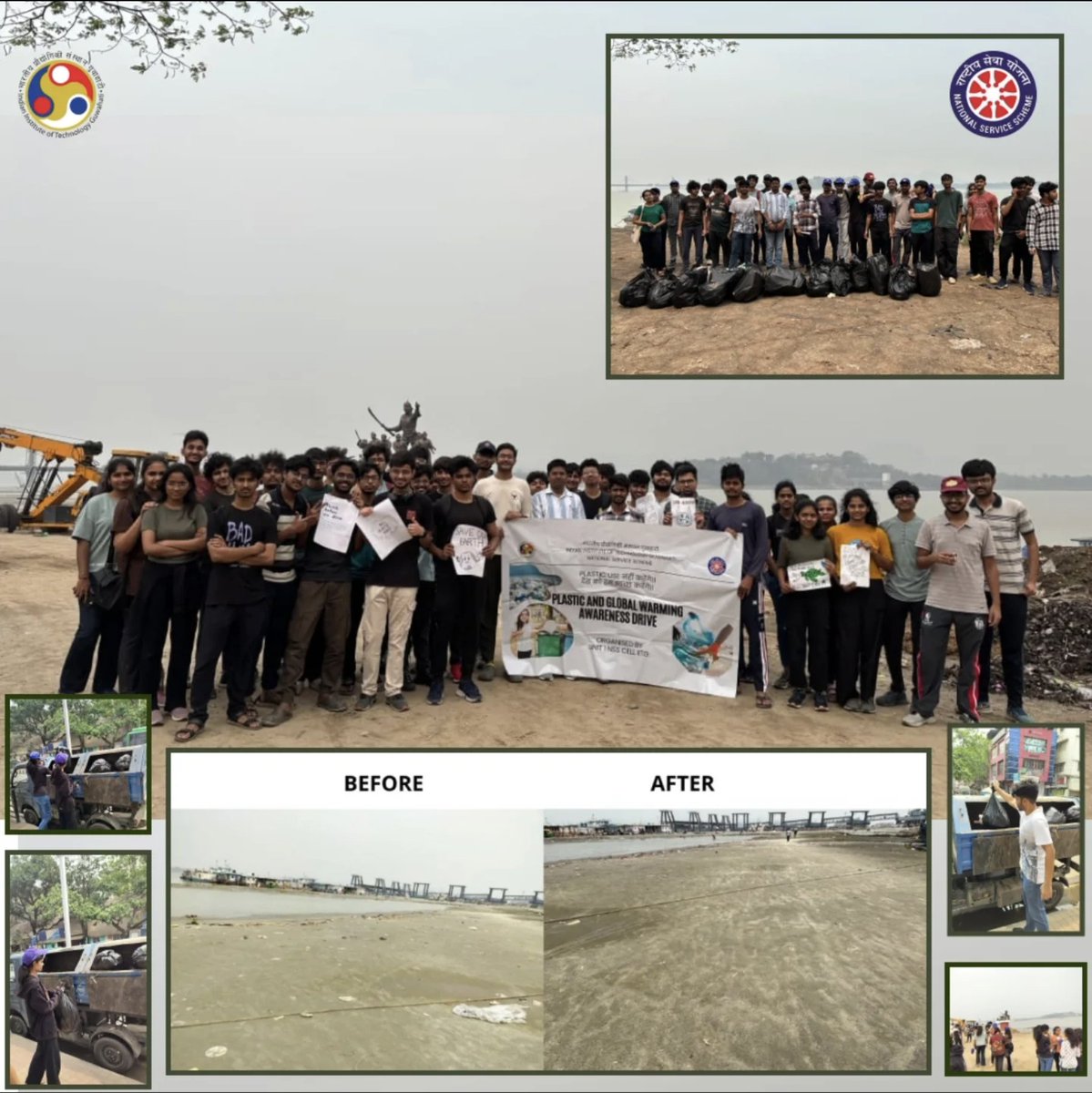 nss_iitg's tweet photo. NSS IIT Guwahati conducted a dedicated cleanliness drive along the Brahmaputra riverbank near Lachit Ghat. 

#NSSIITGuwahati #CleanIndia #PlasticFreeIndia #BrahmaputraCleanup #SayNoToPlastic #EnvironmentalAwareness #YouthForChange #IITGuwahati #SwachhBharat https://t.co/Bg4VDcy7KG