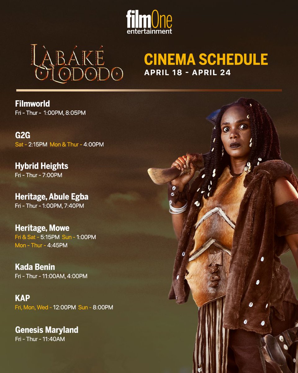 iyaboojo_'s tweet image. CINEMA SCHEDULE ALERT!

Get ready for the epic cinematic experience! Labake Olododo: The Warrior Lord is now showing in all cinemas NATIONWIDE 

Catch the movie at a cinema near you from April 11th- April 17th

Don't miss out! #LabakeOlododo #TheWarriorLord #CinemaSchedule