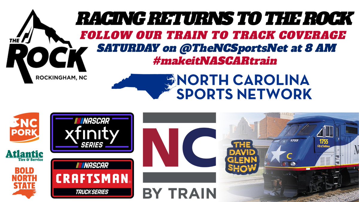 TheNCSportsNet's tweet photo. .@DavidGlennShow will #makeitNASCARtrain SATURDAY as @NASCAR is back in Rockingham
Follow along and WIN PRIZES with Engagement!
@NC_By_Train @GoWithBrentwood
#BoldNorthState https://t.co/RtNIkrtbmW