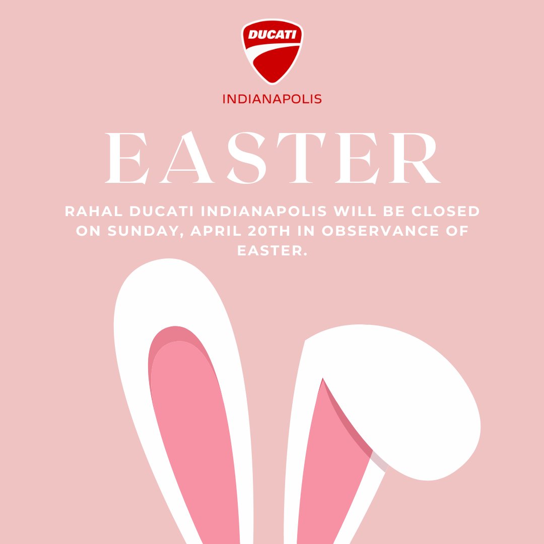 Easter Hours Update! ✨️🌷

We will be closed this Sunday, April 20th in observance of the holiday.  Don't worry though, we'll still be open on Saturday and Monday to help find your dream Ducati! 🏍️

#EasterHours #RahalDucati