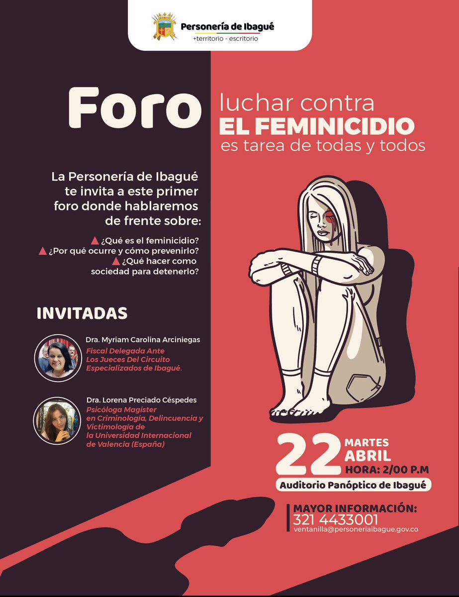 🎙️ FORO | Luchar contra el feminicidio es tarea de todas y todos
📍 Auditorio Panóptico de Ibagué
🗓️ Mar 22 abril · 🕒 2:00 p.m.
Una mujer es asesinada solo por ser mujer.
Callar también mata.
👉 FORO con expertas y activistas.
Tu voz también salva vidas. #VivasNosQueremos