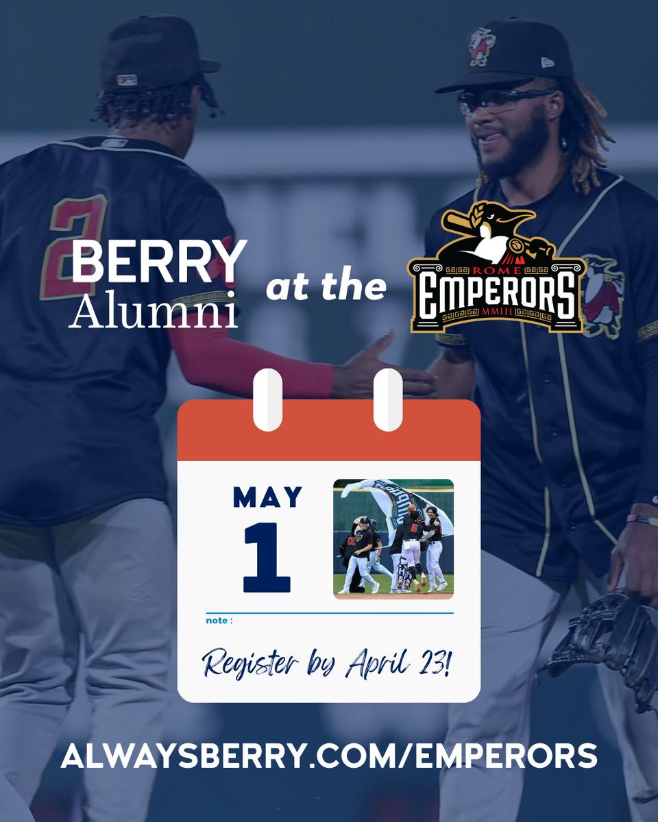 Baseball + Berry Alumni = a night to remember! 🍗⚾
🗓️ May 1 | 🕕 6 p.m.
🎟️ $25 ticket = all-you-can-eat dinner + Terrace seat + parking
📍 AdventHealth Stadium
‼️ Register by April 23:  alwaysberry.com/emperors
