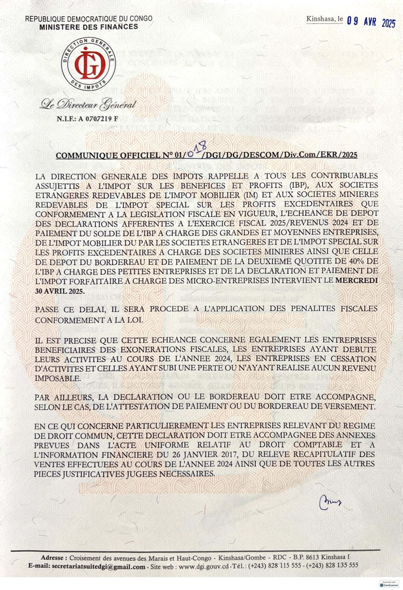 dgi_rdc's tweet photo. La Direction Générale des Impôts rappelle à tous les contribuables assujettis à l’IBP, à l’IM et à l’ISPE que la date limite de dépôt des déclarations et de paiement du solde débiteur est fixée au 30 avril 2025.
Passé ce délai, les pénalités seront appliquées conformément à la législation fiscale en vigueur.

#DGI #FiscalitéRDC #Impôts2025