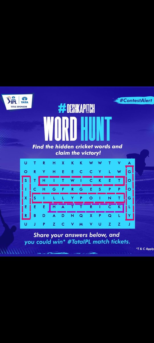 mayursaun's tweet photo. @TataCompanies Ans1) GOOGLY
Ans2) SIXER
Ans3) SILLY POINT
Ans4) HIT WICKET
Ans5) HATTRICK 

#DeshKaPitch
City - MUMBAI
@TataCompanies 
Join @SaurabhStl3 
@JainShantilal12 
@JainLina2309 https://t.co/Q67fzBA27k