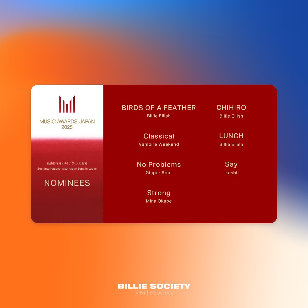 BillieSociety's tweet photo. ‘BIRDS OF A FEATHER’, ‘LUNCH’, and ‘CHIHIRO’ have been nominated for Best International Alternative Song at the  2025 Music Awards Japan. 🪶 https://t.co/LnoDHMr5Ag