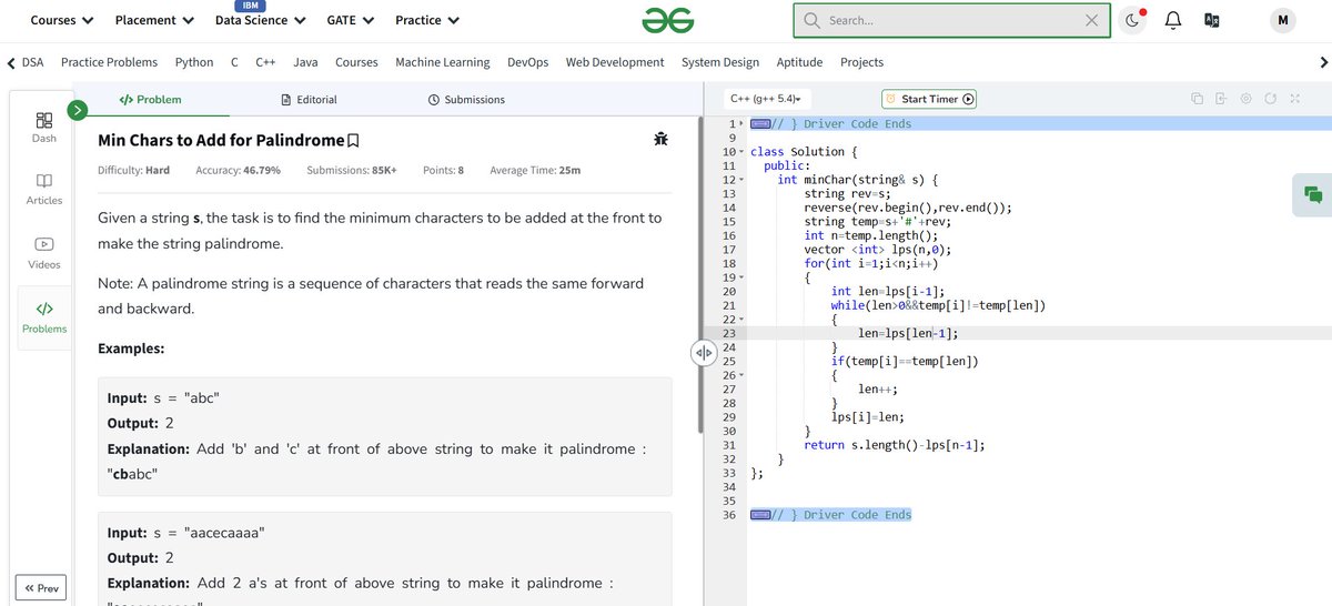 Mudrika_111's tweet image. 🚀 Day 19 of #GFG160 Challenge Conquered!
🔐 Problem: Minimum Characters to Make a String Palindrome ✨
Unlocked efficiency with the power of KMP — matched smartly, avoided brute force, and made every step count.
#GeekStreak2025 #KMPAlgorithm #CodeSmartNotHard
@geeksforgeeks🔥
