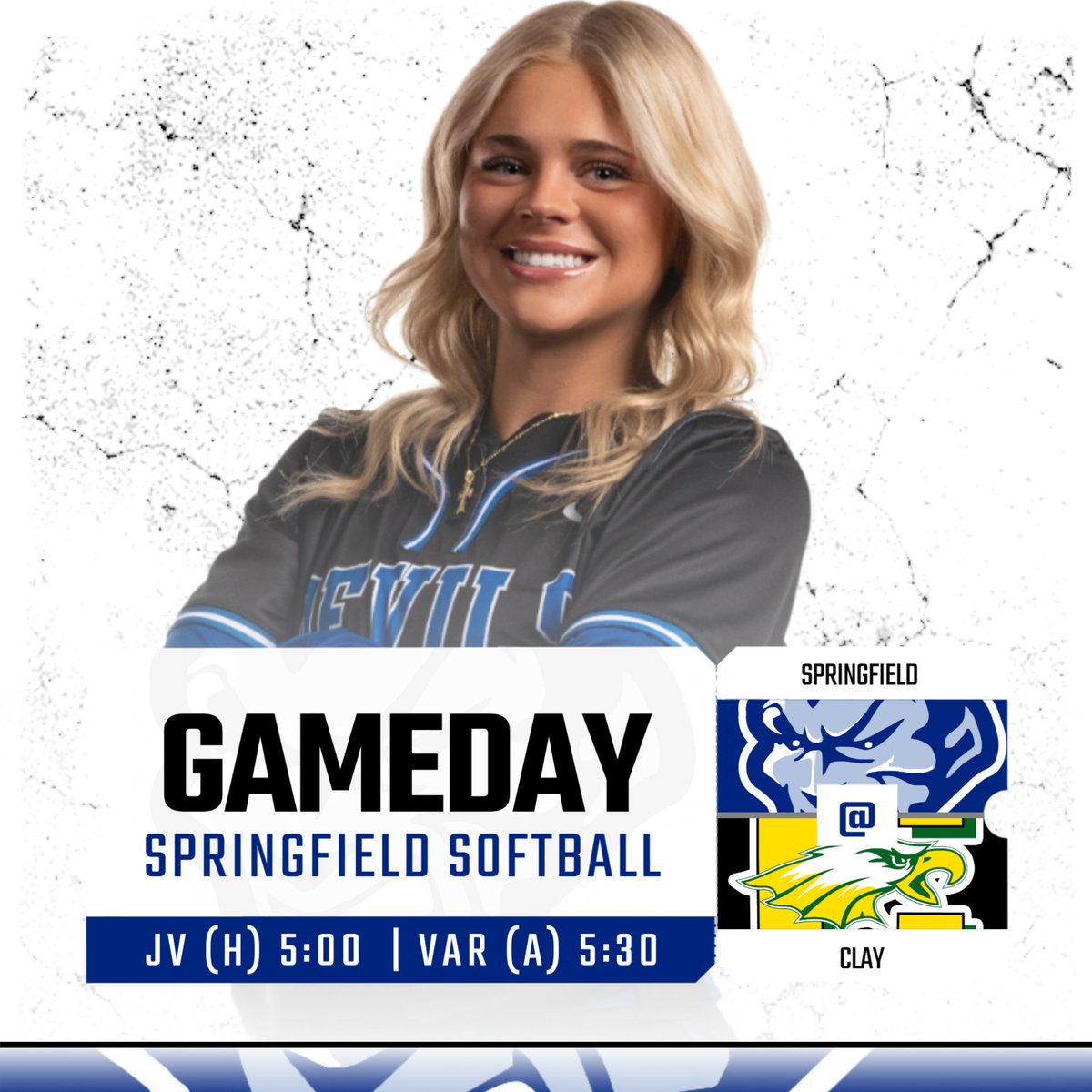 Friday Night *Softball* Lights. Go Blue Devils! 
🆚 Clay HS
🕕 JV @ 5:00, VAR @ 5:30
📍 JV (HOME), VAR (AWAY)