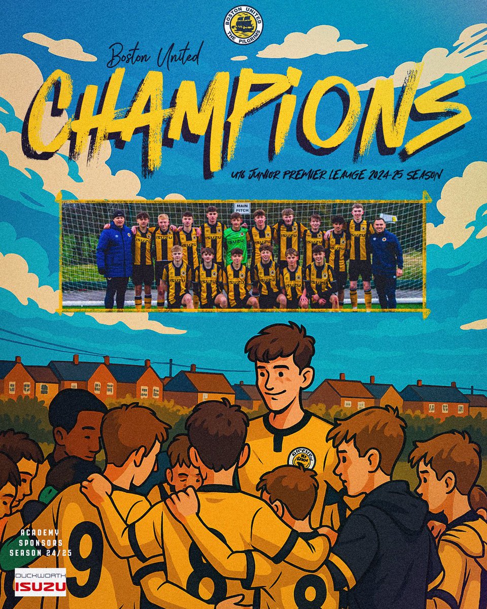 Boston United Football Academy (@bufcacademy) on Twitter photo 🏆 CHAMPIONS! 🏆
Our U16s Academy has won the <a href="/jpluk/">Junior Premier League</a> NPC Midlands League! Massive congrats to the whole team! 🙌
🚶♂️The team will be doing a Lap of honour today at <a href="/bostonunited/">Boston United</a> vs <a href="/WealdstoneFC/">Wealdstone FC</a> – please show them your appreciation! 👏
🤝<a href="/DuckworthIsuzu/">Duckworth Isuzu</a>
#UpThePilgrims 🧡🖤 🏆 CHAMPIONS! 🏆
Our U16s Academy has won the <a href="/jpluk/">Junior Premier League</a> NPC Midlands League! Massive congrats to the whole team! 🙌
🚶♂️The team will be doing a Lap of honour today at <a href="/bostonunited/">Boston United</a> vs <a href="/WealdstoneFC/">Wealdstone FC</a> – please show them your appreciation! 👏
🤝<a href="/DuckworthIsuzu/">Duckworth Isuzu</a>
#UpThePilgrims 🧡🖤