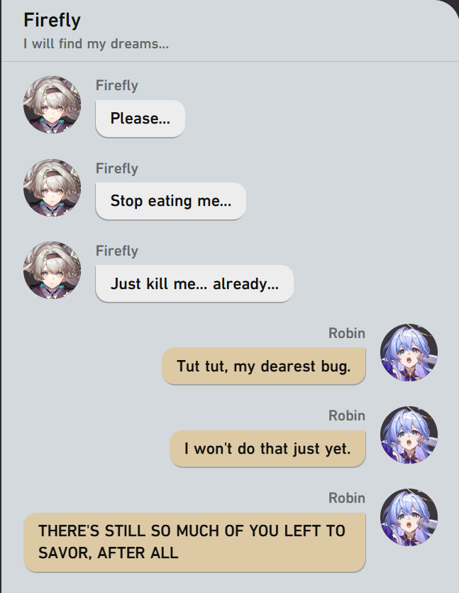 DeannaLatte's tweet photo. Fun Fact: Birds do eat bugs
TW: cannibalism
#hsr #chatfic #robifly #robinhsr #fireflyhsr https://t.co/Lj1VNWwiZV