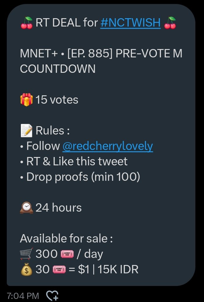 nctwishvoting's tweet photo. 🍒 RT DEAL for #NCTWISH 🍒

MNET+ • [EP. 885] PRE-VOTE M COUNTDOWN

🎁 15 votes

📝 Rules :
• Follow @redcherrylovely 
• RT & Like this tweet
• Drop proofs (min 100)

🕰️ 24 hours

Available for sale :
🛒 300 🎟️ / day
💰 30 🎟️ = $1 | 15K IDR

#NCTWISH_poppop
#votefornctwish #wishzensociety