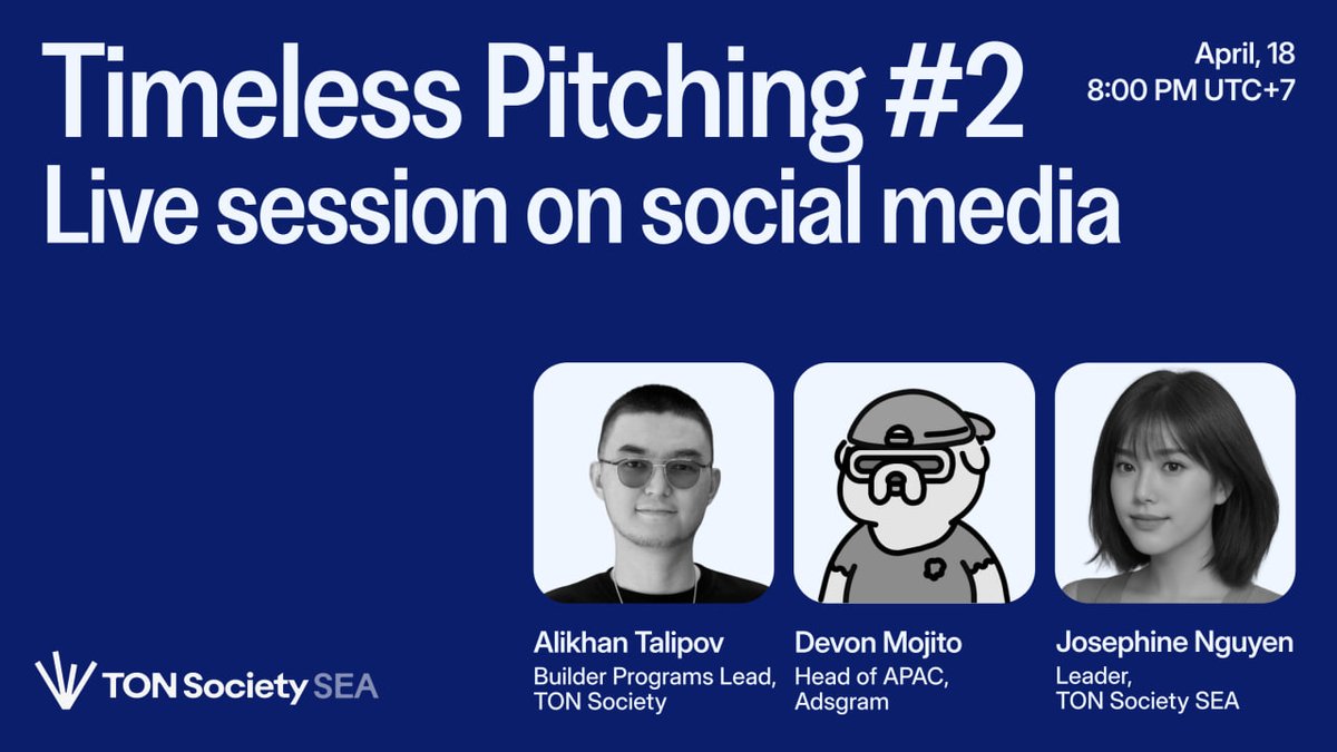TONSSEA's tweet photo. 🥇 Timeless Pitching #2 is starting in 30 minutes!

4 projects will pitch today.
— @Orbiton_fi
— TON Stealth ID
— @TAND3M_Official 
— @MemeIndexDAO 

🔴 Watch the live on TON Society SEA: X or Telegram channel. https://t.co/NSzTrxR8ZM