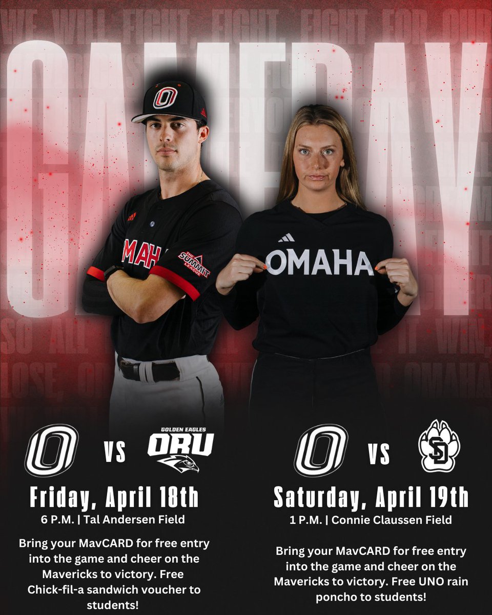 Hey <a href="/UNOmaha/">University of Nebraska at Omaha</a> students... come out and support <a href="/OmahaSB/">Omaha Softball</a> and <a href="/OmahaBSB/">Omaha Baseball</a> when we're doing some fun giveaways and cheer on the Mavs!