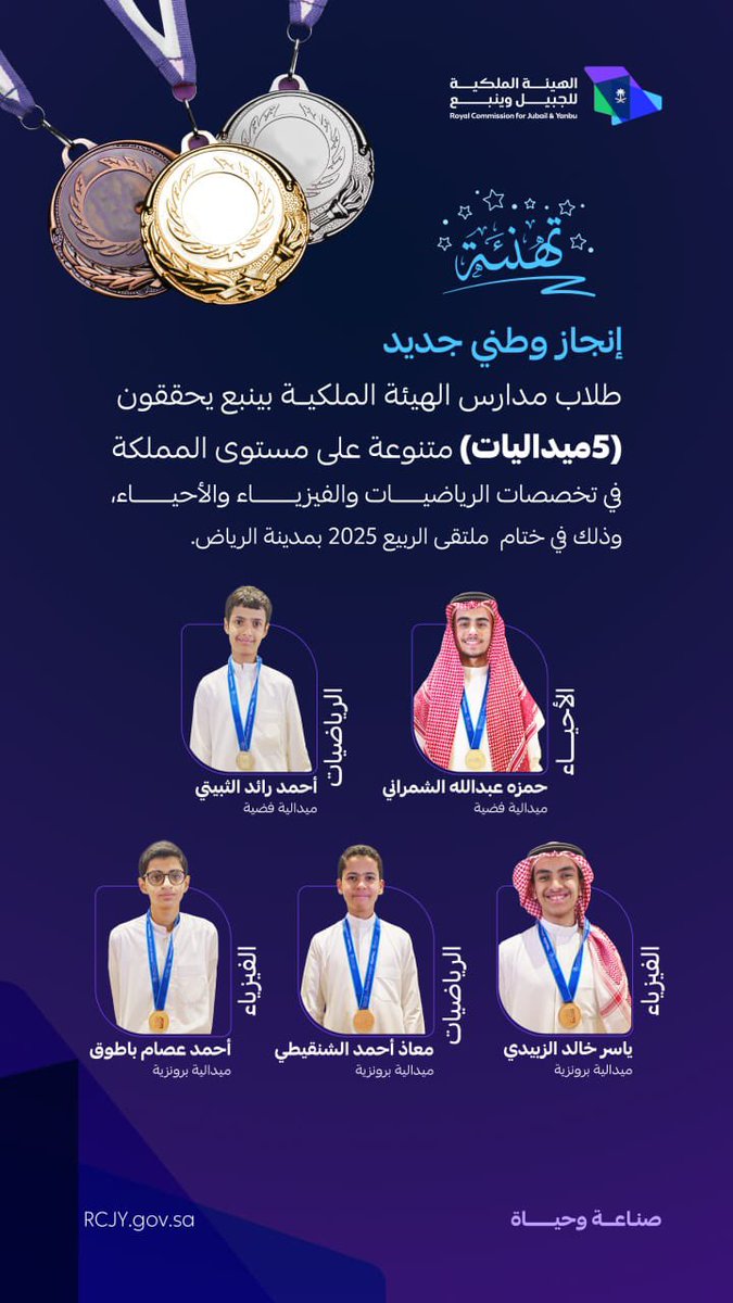RCJY_Yanbu's tweet photo. في إنجاز وطني جديد...
أبدع طلاب مدارس #الهيئة_الملكية_بينبع بتحقيق (5 ميداليات) متنوعة على مستوى المملكة في تخصصات الرياضيات والفيزياء والأحياء، وذلك في ختام #ملتقى_الربيع 2025 بمدينة الرياض.
ويأتي هذا الإنجاز ضمن برنامج #موهبة_للأولمبيادات_الدولية، بعد تلقي الطلاب 52 ساعة تدريبية مكثفة خلال 8 أيام تأهيلاً للمشاركة في المسابقات العلمية الدولية.
#صناعة_وحياة