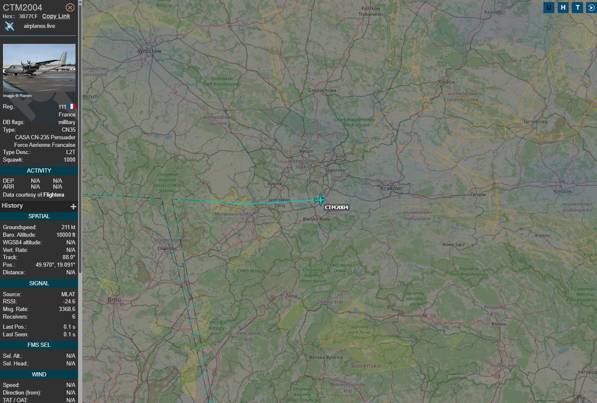 PolishMilRadar's tweet photo. 📅 18.04⌚️ 14:30LT
🇫🇷 Siły Powietrzne Francji
✈️ CASA CN-235 Persuader "111"
🛫 Nieznane 🇫🇷
🛬 Rzeszów Jasionka #EPRZ 🇵🇱
#CTM2004 leci na FL180
🔗 https://t.co/687sHpHwnI
#POLMILRADAR https://t.co/cEcyxqFXNk
