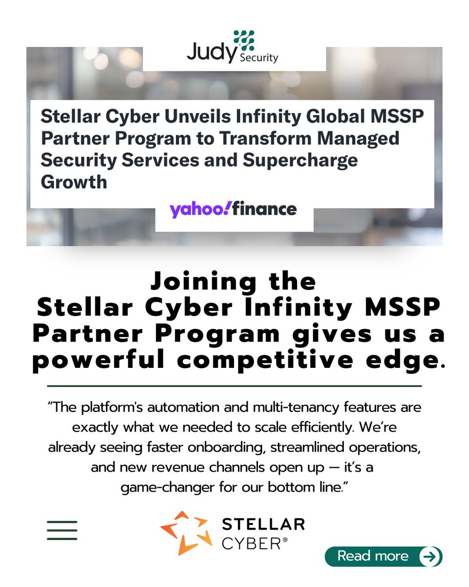 Judy Security (@judy_security) on Twitter photo Judy Security is proud to be part of the <a href="/stellarcyberai/">Stellar Cyber</a> Infinity MSSP Partner Program, a major move that enhances how we deliver cutting-edge cybersecurity to our clients.
Read more in <a href="/YahooFinance/">Yahoo Finance</a>:
hubs.la/Q03hYm6l0 Judy Security is proud to be part of the <a href="/stellarcyberai/">Stellar Cyber</a> Infinity MSSP Partner Program, a major move that enhances how we deliver cutting-edge cybersecurity to our clients.
Read more in <a href="/YahooFinance/">Yahoo Finance</a>:
hubs.la/Q03hYm6l0